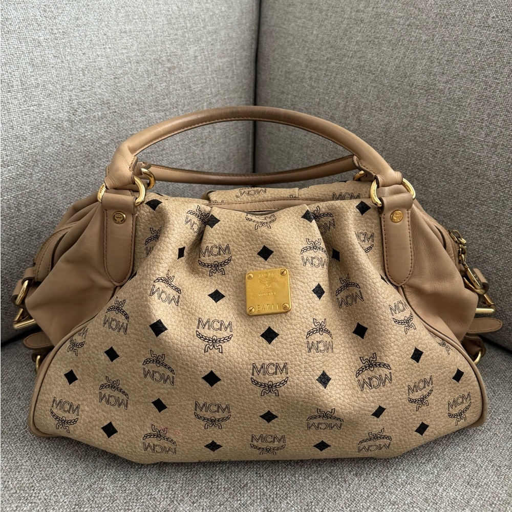 MCM Tan Shoulder Bag with Monogram Print